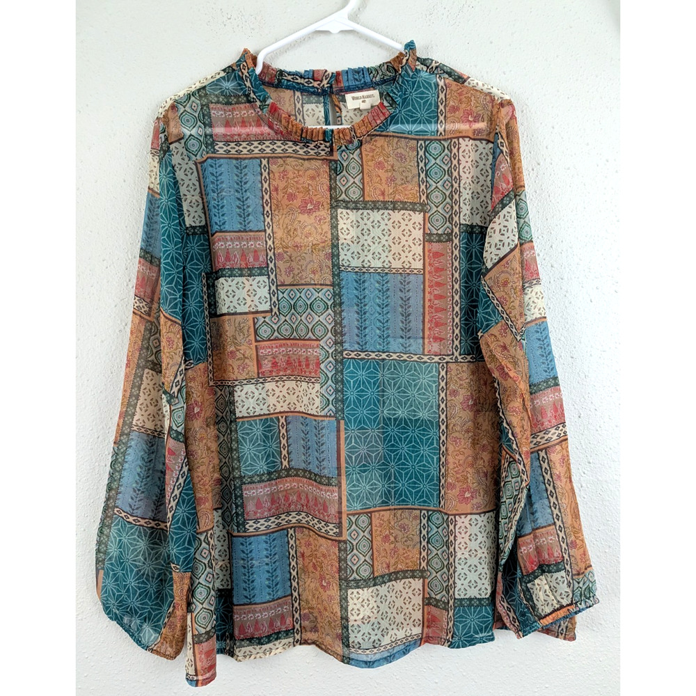 World Market sz L/XL Sheer Farrah Patchwork Blouse multi color long sleeve 2699